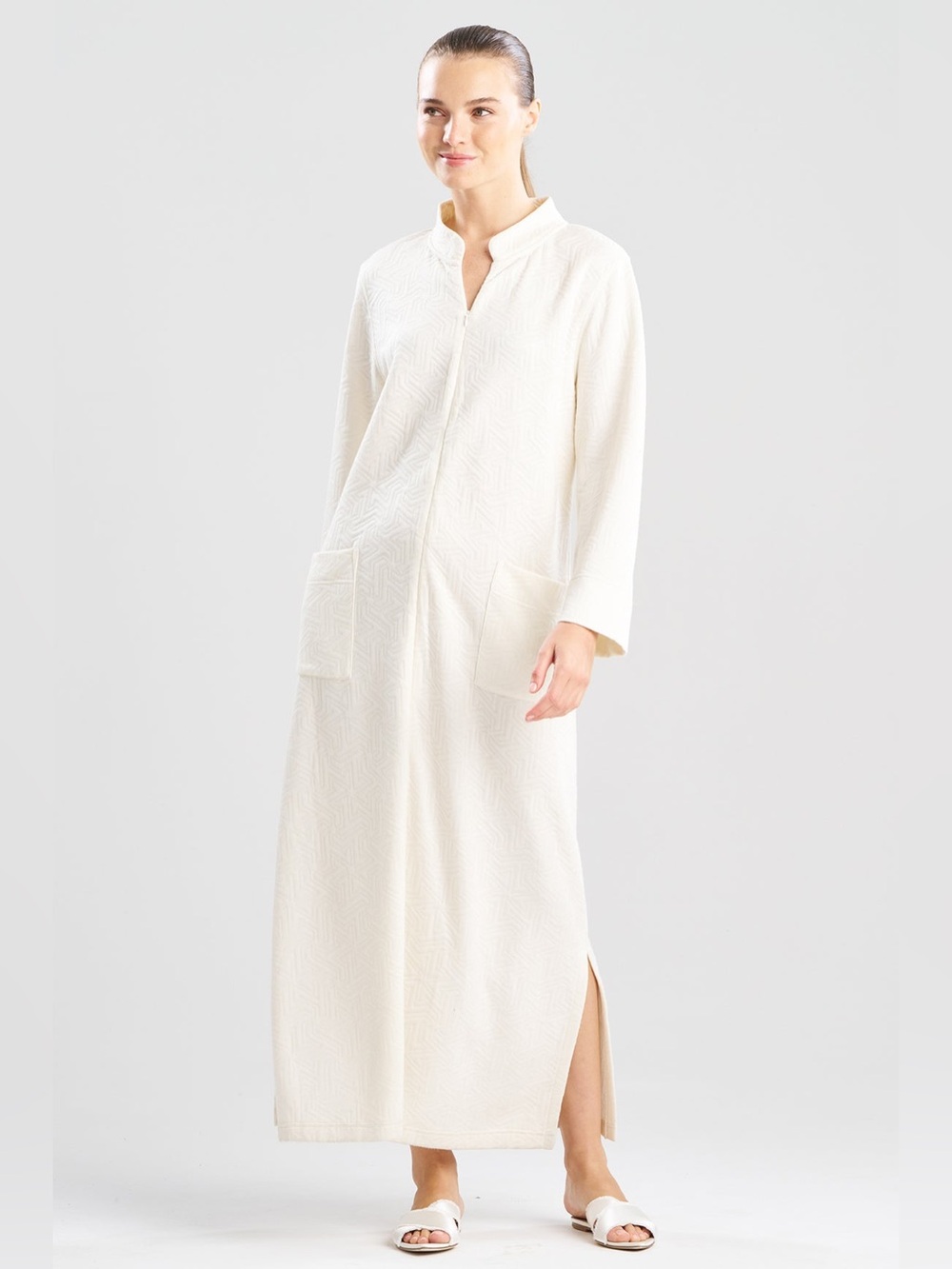 NWT N Natori Sz L Quilted Geo Knit Jacquard Zip Lounger Long Sleeves Pockets